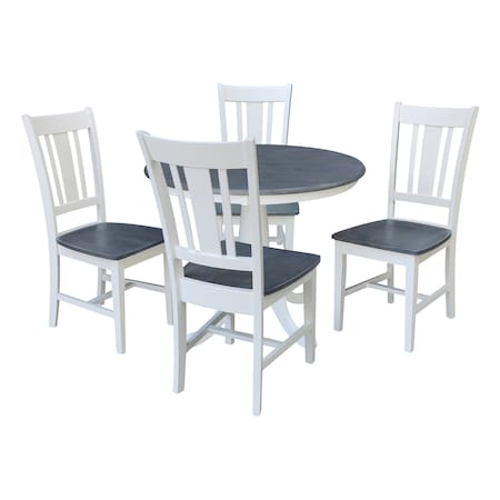 International Concepts 36 in. Solid Wood Round Top Pedestal Dining Table w/4 San Remo Dining Chairs in White/Heather Gray K05-36RT-C10-4